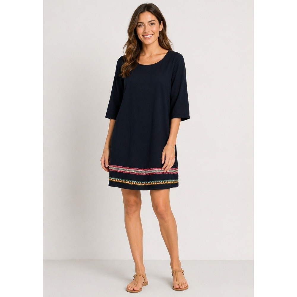Thanth Dress Womens Medium Black Tribal Trim 3/4 Sleeve‎ Pullover Pockets